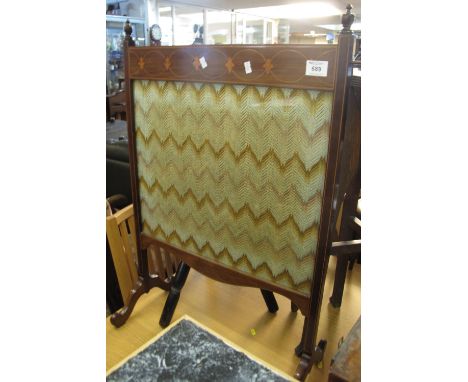 Edwardian mahogany inlaid fire screen with geometric fabric decoration.(B.P. 24% incl. VAT)