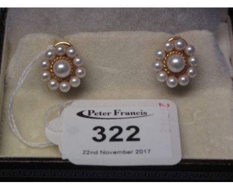 18ct gold cultured pearl cluster earrings in box.(B.P. 24% incl. VAT)