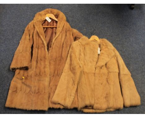 A light brown vintage rabbit/coney fur jacket, together with a similar colour squirrel fur 3/4  length coat with embroidered 