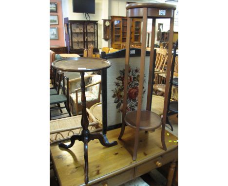 Edwardian mahogany inlaid two tier circular jardiniere stand, together with an oak framed tapestry fire screen, together with