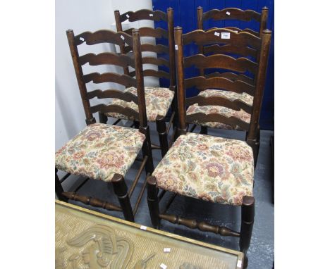 Set of four early 20th Century oak ladder back upholstered dining chairs. (4)(B.P. 24% incl. VAT)