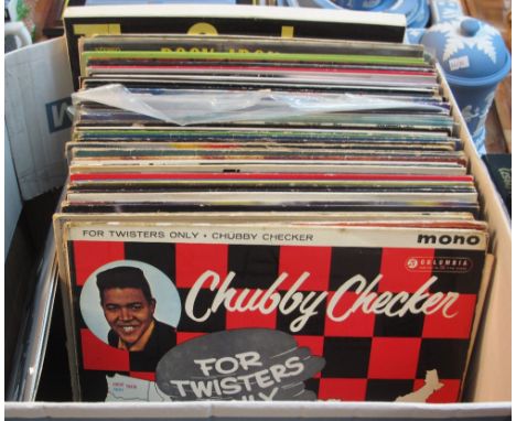 Box of assorted vinyl LPs and 45 RPMs to include: Principal Edwards Magic Theatre LP, Chubby Checker; The Kinks; Don McClean;