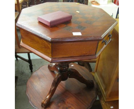 Victorian style hardwood octagonal games table on carved foliate tripod paw feet containing various games including: draughts