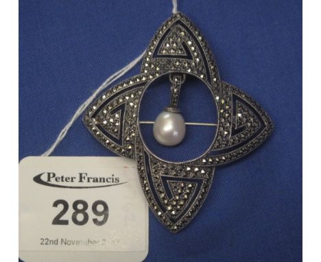 Art Deco style marcasite and fresh water pearl brooch.(B.P. 24% incl. VAT)