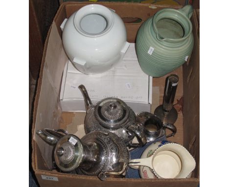 Tray of assorted china and metalware to include: Honiton Pottery baluster jug; good quality silver plated tea service; Art De