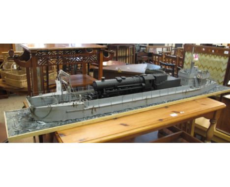 Scale model Diorama of a large British Landing Craft with steam loco and tender, on a narrow, rectangular, wooden naturalisti