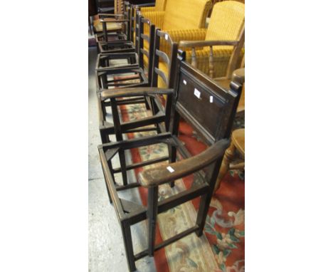 Set of five early 20th Century oak ladder back dining chairs (4+1), together with another similar oak open arm dining chair. 