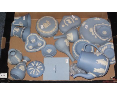 Tray of assorted blue and white Wedgwood Jasper ware items to include: trinket boxes; vases; teapot etc.(B.P. 24% incl. VAT)