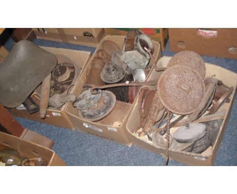Three trays of assorted vintage metalware and other items to include: a lantern; miniature churns etc. together with some tre