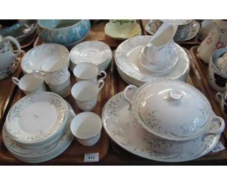 Two trays of Royal Albert bone china 'For All Seasons Hazy Dawn' tea and dinnerware items to include: cups and saucers; plate