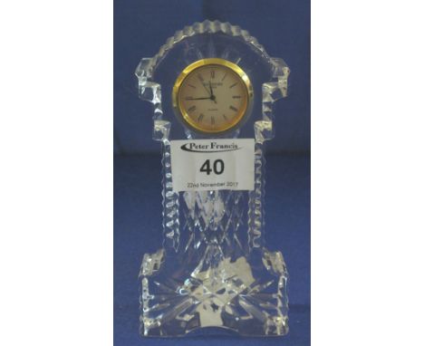 Waterford cut glass miniature long case clock mantel clock, the dial marked: 'Waterford Crystal Quartz'.(B.P. 24% incl. VAT)