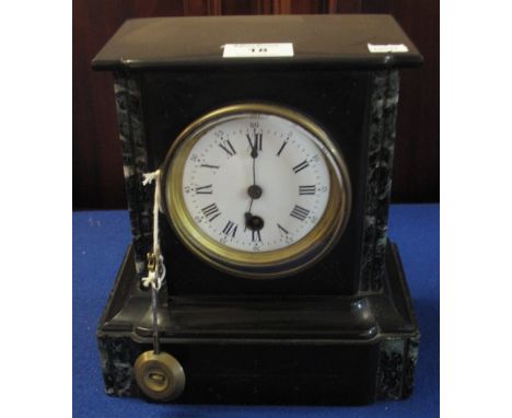 Early 20th Century slate and marble mantel clock, having enamel Roman numeral chapter ring, single train, with pendulum and k