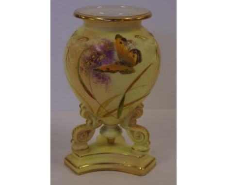 Royal China Works Worcester blush ivory vase with handpainted butterfly and floral decoration, H