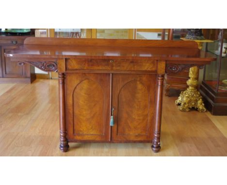 Antique cedar & mahogany servery cabinet with 1 drawer and 2 doors opening to an inside shelf, 183.5cm wide, 62cm deep, 99.5c