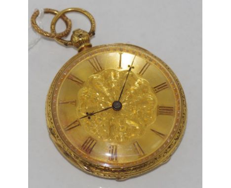 Good antique 18ct gold open face pocket watch engraved case with green enamel decoration. English hallmarks inside back. Gold