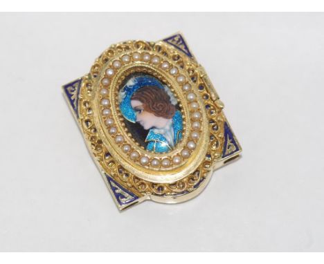 14ct gold, enamel and pearl portrait pendant watch (marked GENEVE) which can also be worn as a brooch, weight: approx 25 gram