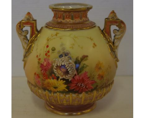 Royal Worcester blush ivory twin handled vase with hand painted floral decoration, 14cm high approx.