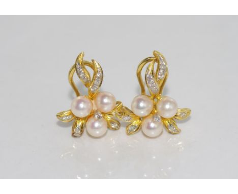 14ct yellow gold, pearl and diamond earrings with post and clip fittings, weight: approx 5.63