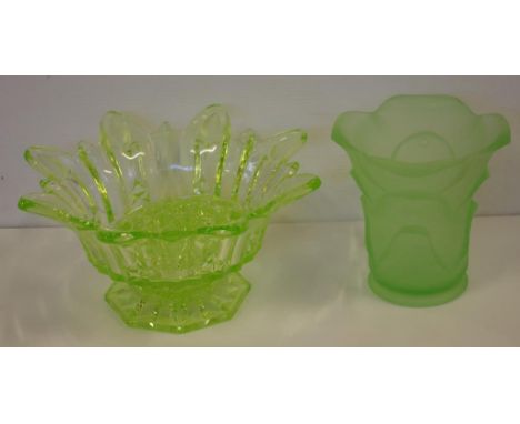 Vintage Uranium glass bowl and frog together with a green frost depression glass vase, D27cm approx