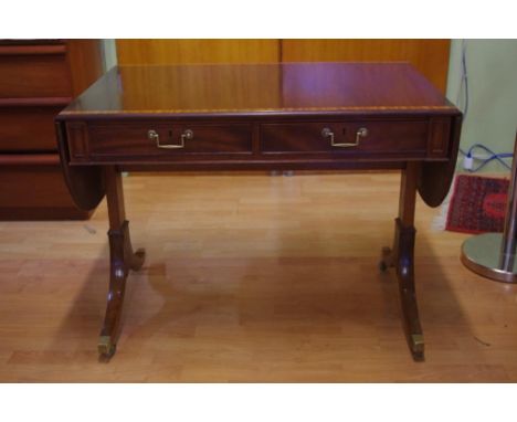 William Tillman Regency style sofa table with drop leaf sides, 2 drawers to one side and drawer fronts to the other, 95cm wid