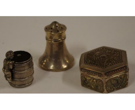 Chinese sterling silver lidded trinket box stamped 925, together with a sterling silver pepper shaker and a silver match hold