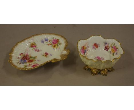Two Victorian floral dishes comprising of a Hammersley shell dish 18cm wide and a Copeland (Spode) dish with ormolu base 12cm