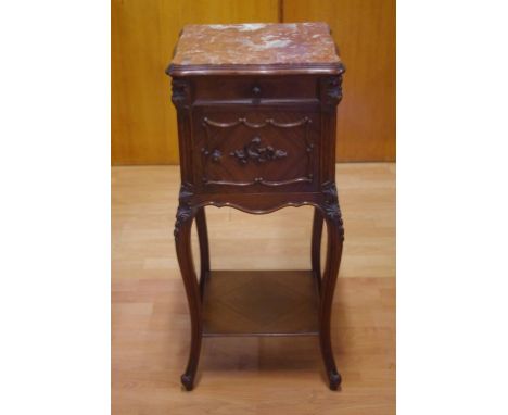 French rosewood Louis Phillipe marble top cabinet with 1 drawer, 1 door opening to marble lined interior above an open shelf,