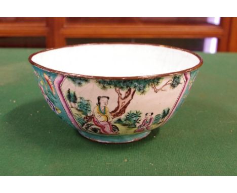 Chinese enamel bowl with panelled scenes, 15cm diameter approx.