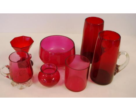 Seven ruby glass items to include Victorian bowl and jug as inspected and vintage glass