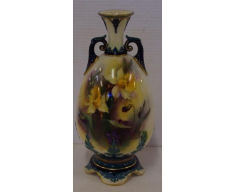 Royal Worcester "Hadley ware" twin handle vase circa 1905, with hand painted daffodil decoration, H18.5cm approx