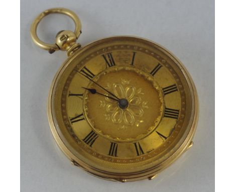 Antique gold ladies open faced pocket watch with engine turned case, gilt dial with black roman  numerals, stamped k18, 38mm 