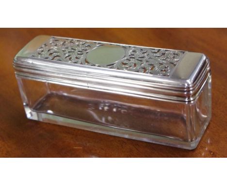 Willian IV sterling silver & cut glass trinket box oblong in shape with cut out silver decorated top, hallmarked London 1830,