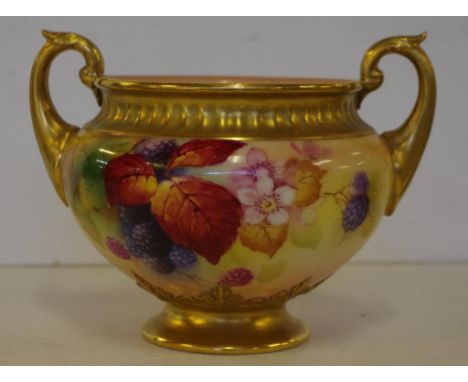 Royal Worcester "Kitty Blake" twin handle vase hand painted with autumn fruits,signed K. Blake, H11cm approx