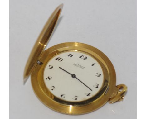 Slim-line 18ct yellow gold Roamer pocket watch white enamel dial, stamped 18k, 0.750. Total weight 43gms. Working when tested