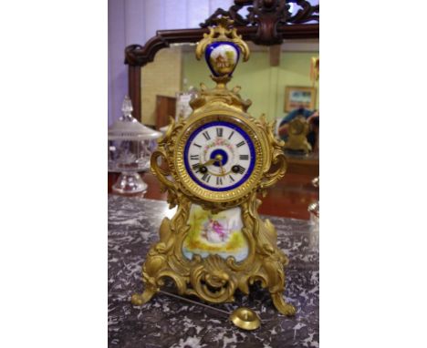 French gilt & enamel mantle clock with pendulum, 35cm high approx.