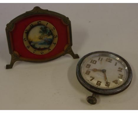 Antique Swiss enamel 8 day movement bedroom clock in cast metal frame, together with a vintage 8 day clock face