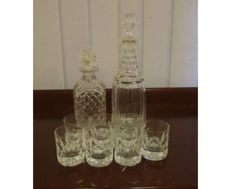 Vintage cut crystal decanter with 7 matching crystal whisky glasses & another decanter