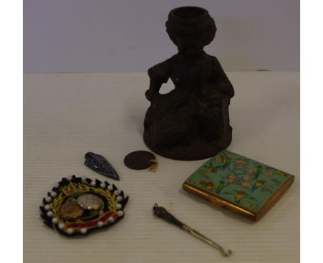 Quantity of Collectables including cast metal figural candlestick, sterling silver button hook, compact, etc