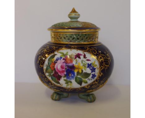 Victorian Grainger Worcester pot pourri vase with hand painted floral and gilt decoration, upper pierced rim of base repaired