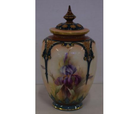 Hadley's Worcester handpainted iris lidded vase H19cm approx