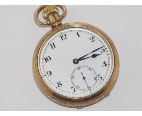 Gilt open faced pocket watch with white enamel face, with black Arabic numerals. Second hand. Case by the Denison Co.  moveme