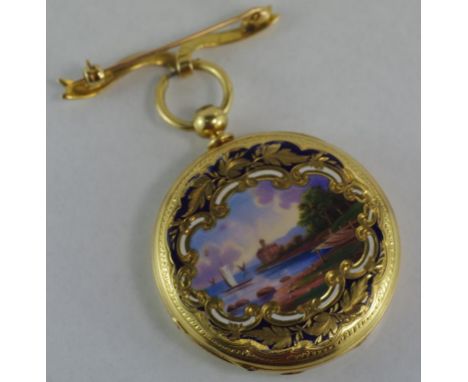 Antique ladies gold & enamel watch stamped 18.k  Enamel lake scene one side, lady & spaniel the other, white enamel face (af)