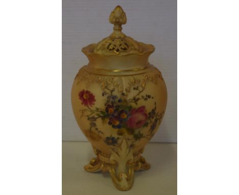 Royal Worcester blush ivory lidded pot pouri jar with handpainted floral decoration on three feet base, H19cm approx