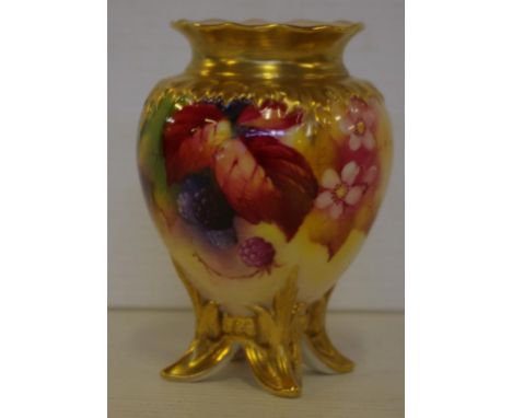 Royal Worcester "Kitty Blake" vase on four feet hand painted with autumn fruits,signed K. Blake,H9.5cm approx