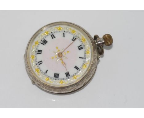 Ladies silver open face pocket watch stamped 925, with black roman numerals and silver/gold border around an enamel dial, siz