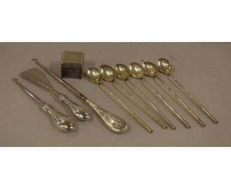 Antique sterling silver top ink well, shoe horn and 2 button hooks, together with 6 spoons