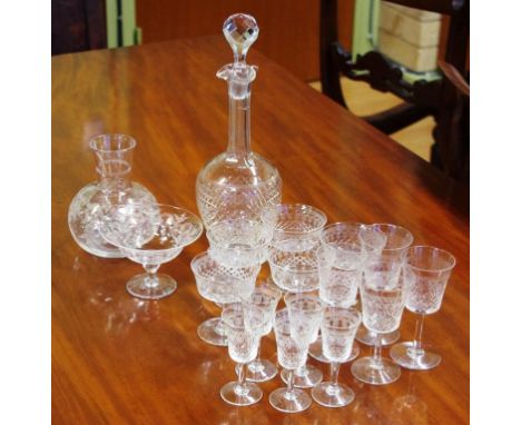 Seventeen vintage pall mall pieces to include a decanter, water carafe, sweet dish, and 14 assorted glasses