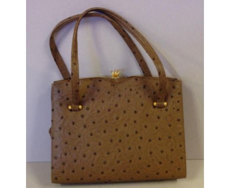 Vintage brown ostrich skin handbag with brass clasp