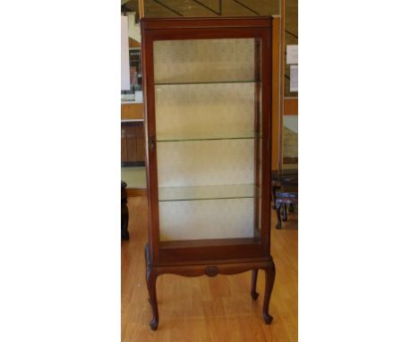 Vintage display cabinet on cabriole legs with 3 glass shelves, W68cm, D35cm, H168cm approx.