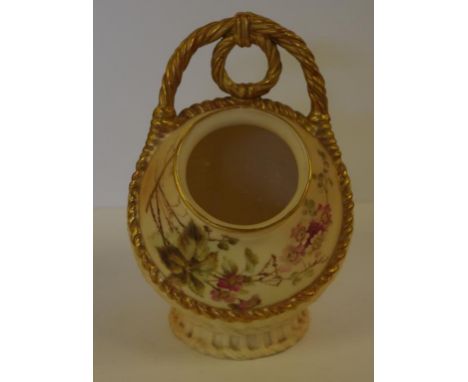 Royal Worcester blush ivory basket vase with hand painted floral decoration and sroll pedestal base, H15cm approx